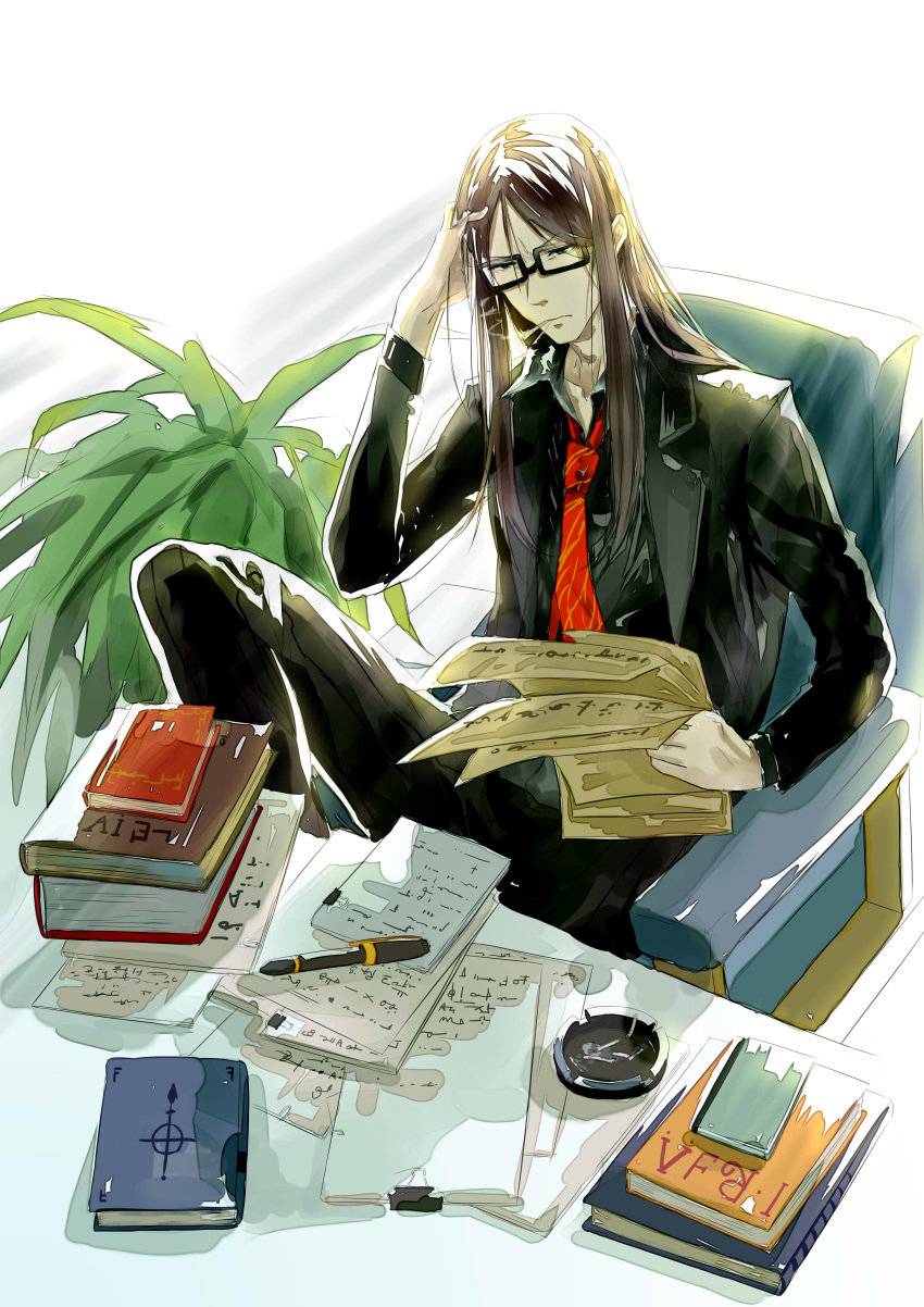 1boy absurdres ashtray black_hair book cigarette desk fate/grand_order fate_(series) formal glasses hand_in_hair highres long_hair lord_el-melloi_ii male_focus necktie papers pixiv_fate/grand_order_contest_1 plant reading smoking solo suit waver_velvet white2013