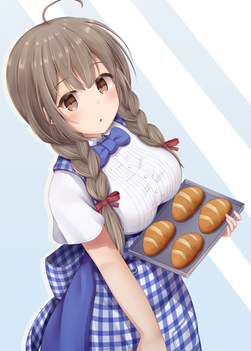 1girl :o ahoge alternate_costume apron bangs blue_apron blue_neckwear blush bow bowtie braid bread breasts brown_eyes brown_hair employee_uniform eyebrows_visible_through_hair food gingham gingham_apron hair_ribbon highres holding kantai_collection kobeya koubeya_uniform long_hair medium_breasts minakami_mimimi open_mouth plaid plaid_apron ribbon shinshuu_maru_(kantai_collection) short_sleeves simple_background solo twin_braids uniform waitress