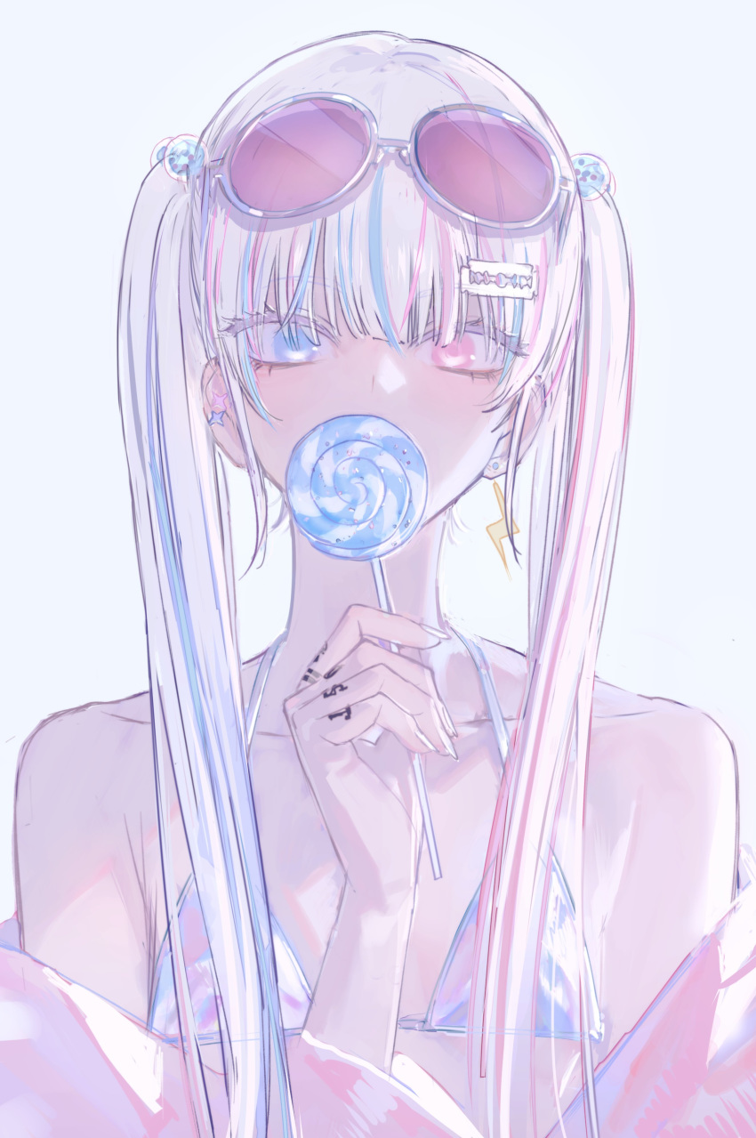 1girl absurdres bare_shoulders bikini blue_eyes blue_hair candy covered_mouth eyewear_on_head fingernails food grey_background halterneck hand_tattoo hand_up head_tilt heterochromia highres hirota_tsuu holding_lollipop lollipop looking_at_viewer multicolored_hair off_shoulder original pink_eyes pink_hair razor_blade simple_background solo sunglasses swimsuit twintails two-tone_hair upper_body