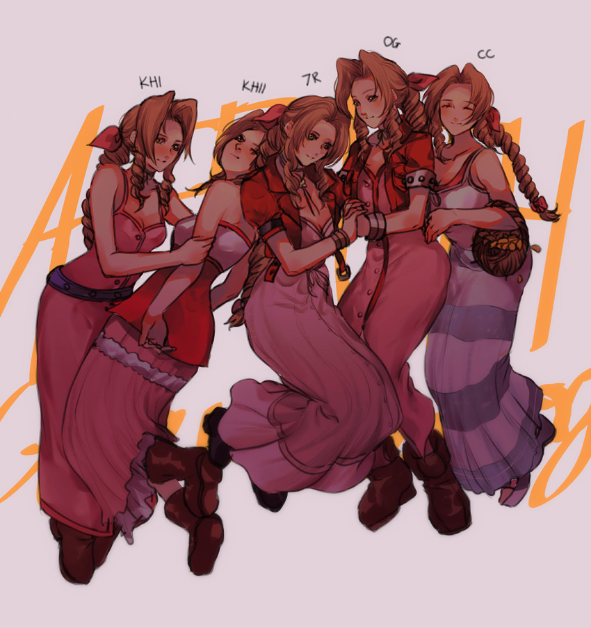 5girls aerith_gainsborough basket boots bracelet breasts brown_footwear brown_hair cleavage crisis_core_final_fantasy_vii cropped_jacket dress drill_hair final_fantasy final_fantasy_vii final_fantasy_vii_remake flower_basket highres holding_another's_arm holding_hands jacket jewelry kingdom_hearts kingdom_hearts_i kingdom_hearts_ii looking_at_viewer multiple_girls multiple_persona pink_dress red_jacket sera_(serappi) smile striped striped_dress twin_drills