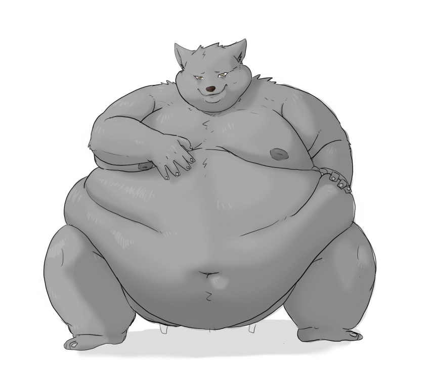 anthro belly belly_overhang big_belly canid canine canis chubby_cheeks claws dewlap_(anatomy) double_chin fur grey_body grey_fur hand_on_chest hi_res love_handles male mammal moobs morbidly_obese navel nipples nude obese obese_male overweight overweight_male simple_background sitting smile solo thick_thighs toe_claws white_background wide_hips wolf yo_bigbear