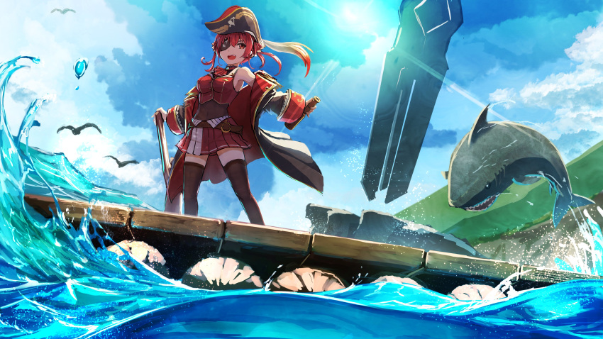 1girl absurdres armpits bird cloud coat commentary_request eyepatch hat highres hololive houshou_marine namako_(namacotan) ocean open_mouth pirate_hat red_eyes red_hair shark sky solo sun telescope thighhighs virtual_youtuber water watercraft