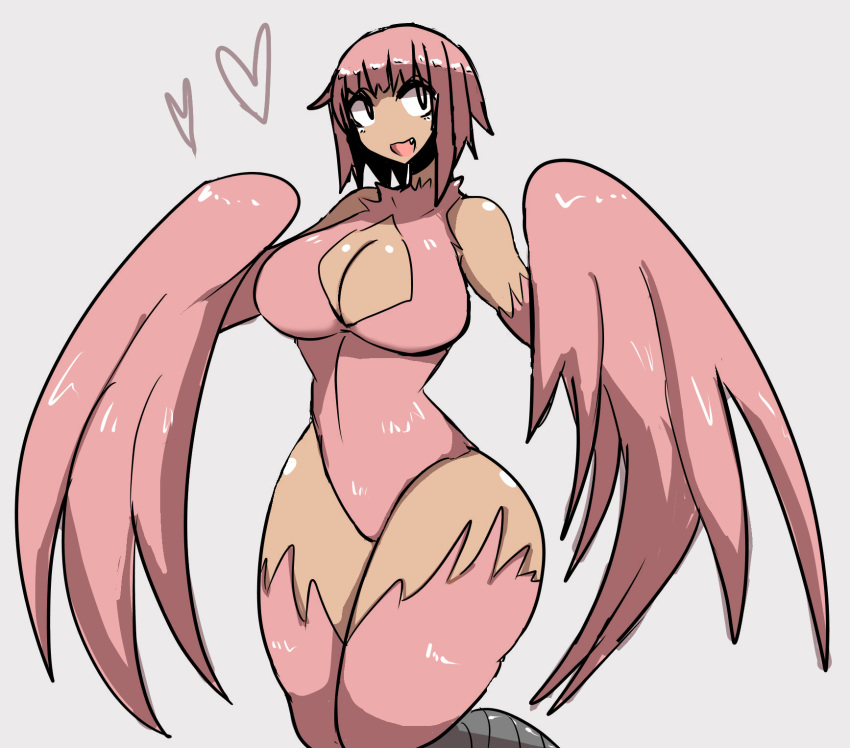 &lt;3 avian big_breasts breasts cleavage clothed clothing feathers female harpy hi_res inumatori pink_body pink_feathers simple_background solo white_background