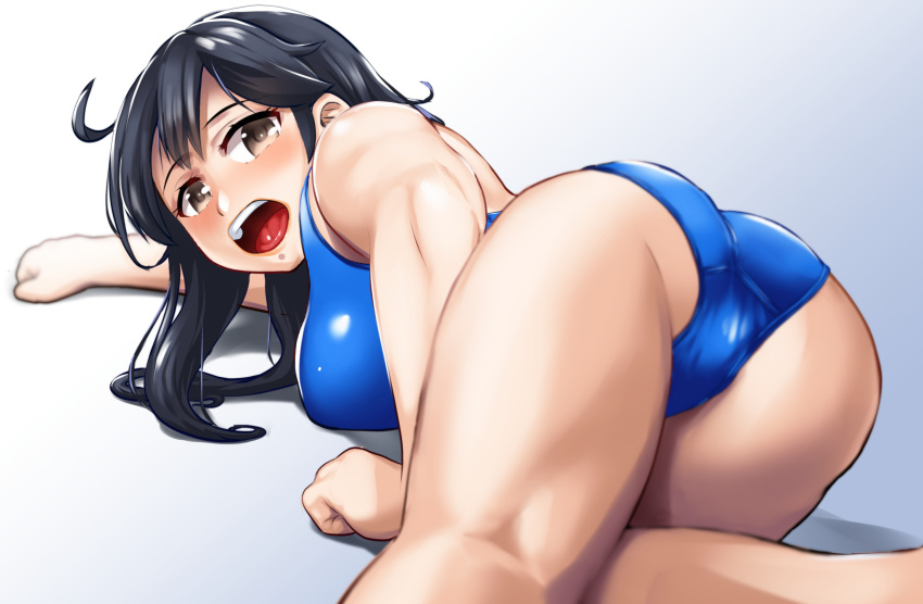 1girl ahoge all_fours ass black_hair blue_swimsuit brown_eyes competition_swimsuit feet_out_of_frame from_behind gradient gradient_background grey_background highres iekuo kantai_collection long_hair looking_at_viewer looking_back one-piece_swimsuit open_mouth solo swimsuit upper_teeth ushio_(kantai_collection)