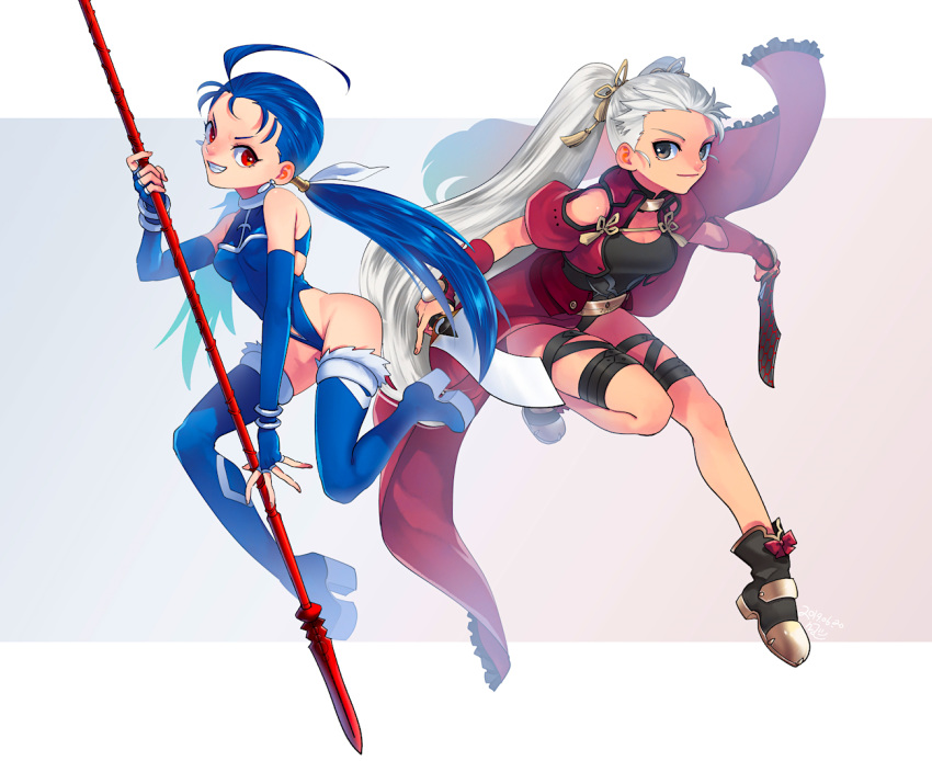 2girls ahoge archer-tan bare_shoulders blue_hair boots brown_eyes cropped_jacket dark_skin detached_sleeves fate/stay_night fate_(series) forehead gae_bolg genderswap genderswap_(mtf) kanshou_&amp;_bakuya lancer-tan leotard long_hair multiple_girls nishiyama_(whatsoy) polearm red_eyes spear thigh_boots thighhighs twintails weapon