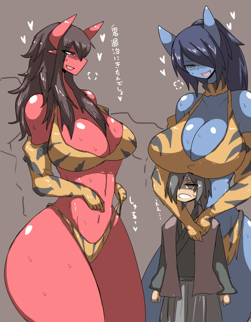 &lt;3 absurd_res age_difference asian_mythology big_breasts blush bodily_fluids boob_hat breasts cleavage clothed clothing demon east_asian_mythology female hi_res horn horned_humanoid human humanoid inumatori japanese_mythology larger_female male mammal mythology older_female oni simple_background size_difference smaller_male sweat young younger_male yōkai