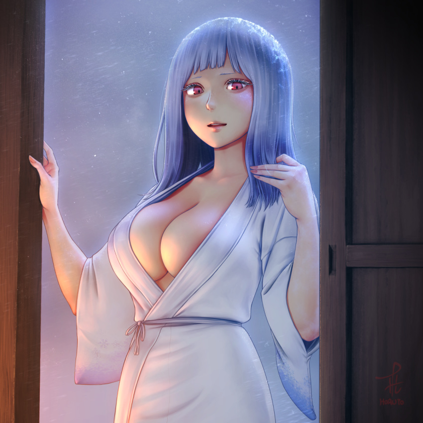 1girl :d blue_hair breasts cleavage commentary_request door eyelashes highres horiishi_horuto japanese_clothes japanese_mythology kimono long_hair looking_at_viewer monster_girl open_mouth purple_eyes revision smile snowflake_print snowing solo teeth yuki_onna