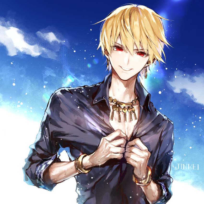 1boy blonde_hair bracelet earrings fate/grand_order fate/stay_night fate_(series) gilgamesh jewelry koshika_rina male_focus necklace red_eyes signature sky solo upper_body