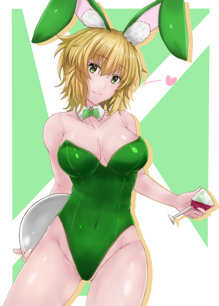 1girl absurdres akatsuki_kirika animal_ears blonde_hair blush breasts bunny_ears bunny_girl bunnysuit cameltoe covered_navel detached_collar green_eyes green_leotard heart highleg highleg_leotard highres large_breasts leotard looking_at_viewer scythe senki_zesshou_symphogear shiny shiny_hair shiny_skin shishin_(shishintei) short_hair smile solo standing strapless strapless_leotard wrist_cuffs