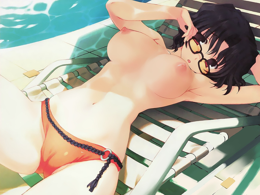 :o adjusting_eyewear bikini black_hair breasts breasts_apart cameltoe caustics chair game_cg glasses highres large_breasts lounge_chair lying mature mitsumi_misato nipples nude nude_filter on_back partially_visible_vulva pool red_eyes short_hair solo swimsuit third-party_edit to_heart_2 to_heart_2_ad topless yuzuhara_haruka