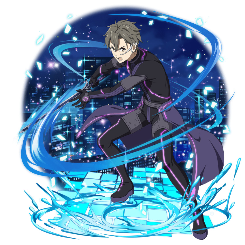 1boy augma black_bodysuit bodysuit brown_eyes cape eiji_(sao) hair_between_eyes hair_intakes highres holding holding_sword holding_weapon male_focus official_art open_mouth purple_cape shiny shiny_hair silver_hair solo spiked_hair sword sword_art_online transparent_background waist_cape weapon