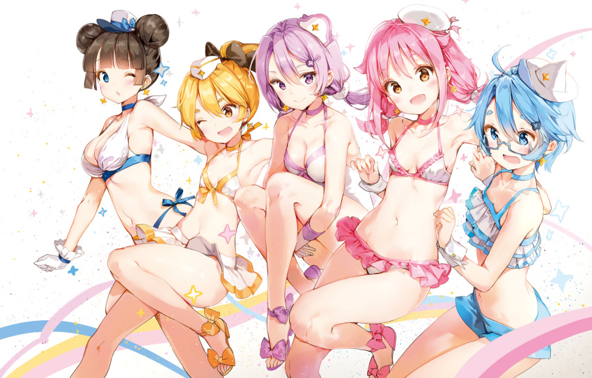 anmi aoi_(houkago_no_pleiades) bikini blonde_hair blue_eyes blue_hair blush brown_eyes brown_hair cropped glasses gloves group hat hikaru_(houkago_no_pleiades) houkago_no_pleiades itsuki_(houkago_no_pleiades) long_hair nanako_(houkago_no_pleiades) navel pink_hair pleiadian ponytail purple_eyes purple_hair scan short_hair subaru_(houkago_no_pleiades) swimsuit twintails wink yellow_eyes