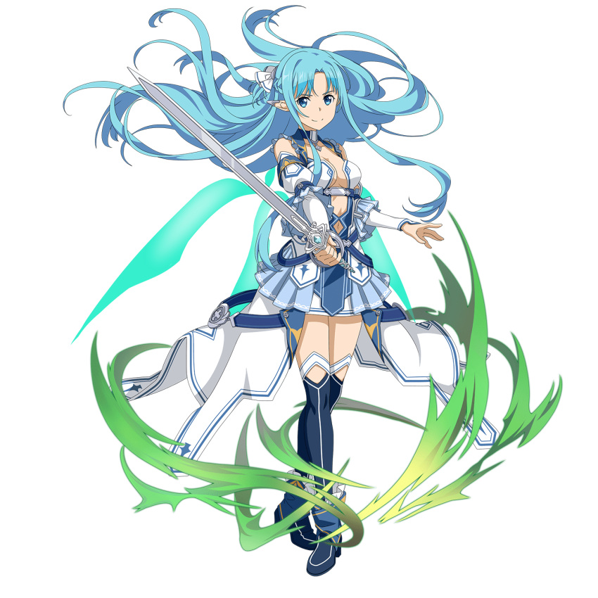 1girl asuna_(sao-alo) bangs blue_eyes blue_hair blue_legwear blue_skirt breasts cape cleavage closed_mouth collarbone detached_sleeves earrings floating_hair full_body hair_ornament highres holding holding_sword holding_weapon jewelry layered_skirt long_hair long_sleeves looking_at_viewer medium_breasts midriff miniskirt navel official_art pleated_skirt pointy_ears revealing_clothes shiny shiny_hair skirt smile solo standing stomach sword sword_art_online thighhighs transparent_background very_long_hair waist_cape weapon white_cape white_sleeves