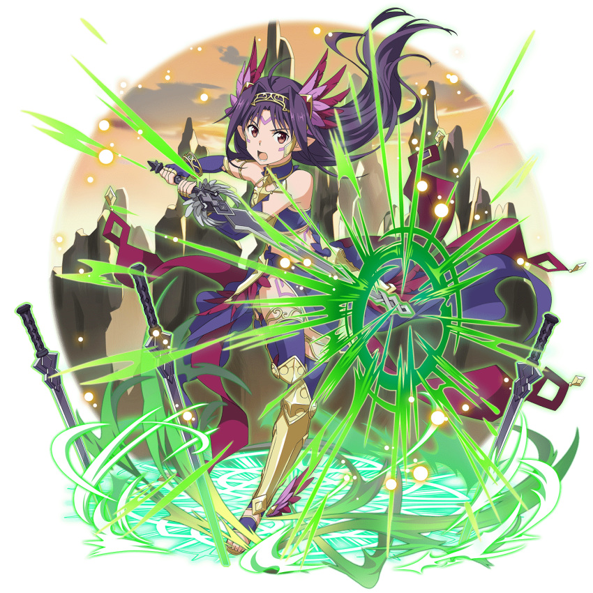 1girl ahoge bra cape choker elbow_gloves facial_mark feathers fingerless_gloves floating_hair gloves hair_feathers hair_intakes headband highres holding holding_sword holding_weapon long_hair looking_at_viewer open_mouth pink_feathers purple_bra purple_cape purple_gloves purple_hair purple_legwear red_eyes red_feathers shiny shiny_hair solo standing standing_on_one_leg strapless strapless_bra sword sword_art_online thighhighs transparent_background tubetop underwear very_long_hair waist_cape weapon yuuki_(sao)