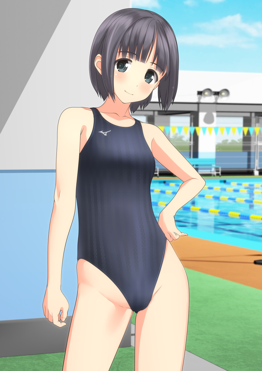 1girl absurdres black_eyes black_hair black_swimsuit blue_sky blurry cloud commentary_request competition_swimsuit contrapposto cowboy_shot day depth_of_field highres logo looking_at_viewer mizuno one-piece_swimsuit original outdoors pool short_hair sky smile solo string_of_flags striped striped_swimsuit swimsuit takafumi