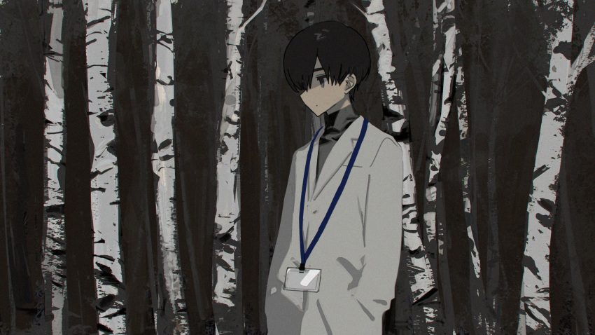 1boy absurdres black_hair closed_mouth forest grey_eyes hands_in_pockets highres hirota_tsuu labcoat long_sleeves male_focus name_tag nature original solo standing tree turtleneck upper_body usuzumi_kei