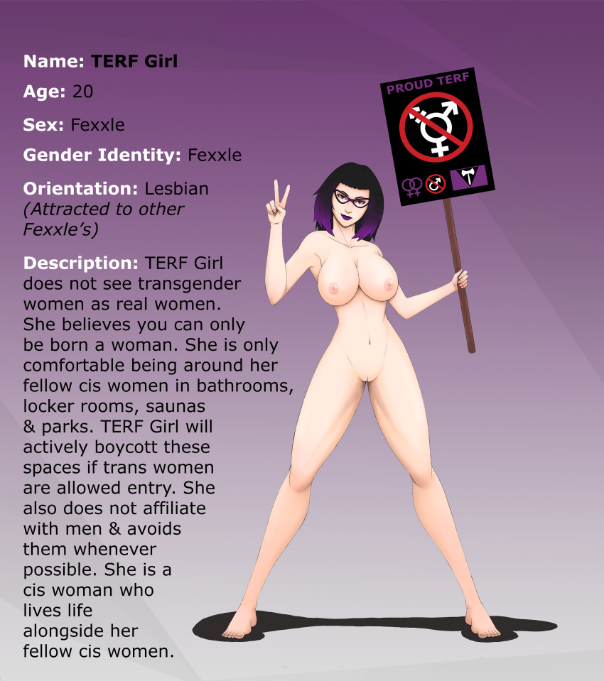 absurd_res breasts english_text female genitals hi_res human human_only mammal medium_breasts model_sheet not_furry nude pussy sign simple_background softcore_works solo terf text