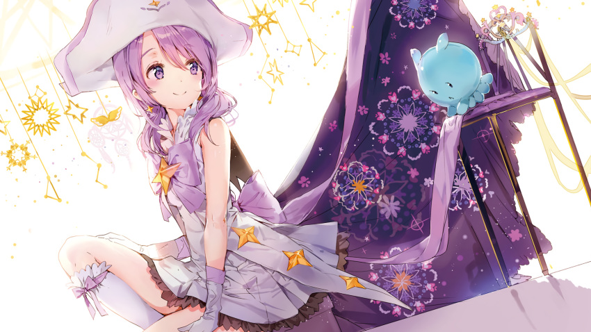 anmi bow cropped dress gloves hat houkago_no_pleiades kneehighs logo nanako_(houkago_no_pleiades) pleiadian purple_eyes purple_hair scan twintails