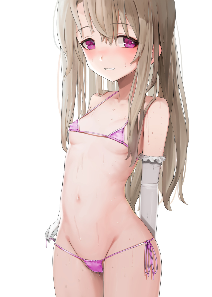 1girl arm_behind_back bare_shoulders bikini blonde_hair blush breasts cameltoe collarbone commentary_request eyebrows_visible_through_hair fate/kaleid_liner_prisma_illya fate_(series) frown gloves highres illyasviel_von_einzbern long_hair looking_at_viewer micro_bikini navel pink_bikini pink_eyes red_eyes simple_background small_breasts solo ssmile sunga2usagi swimsuit wet white_background white_gloves