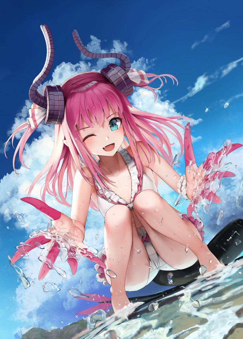 1girl ;d absurdres ass bangs bikini blue_eyes blue_sky breasts cloud commentary_request curled_horns day dragon_horns dragon_tail elizabeth_bathory_(fate) elizabeth_bathory_(fate)_(all) eyebrows_visible_through_hair fang fate/extra fate_(series) hair_ribbon highres horns in_water long_hair looking_at_viewer one_eye_closed open_mouth outdoors pink_hair pointy_ears ribbon sky small_breasts smile solo sunga2usagi swimsuit tail two_side_up water white_bikini