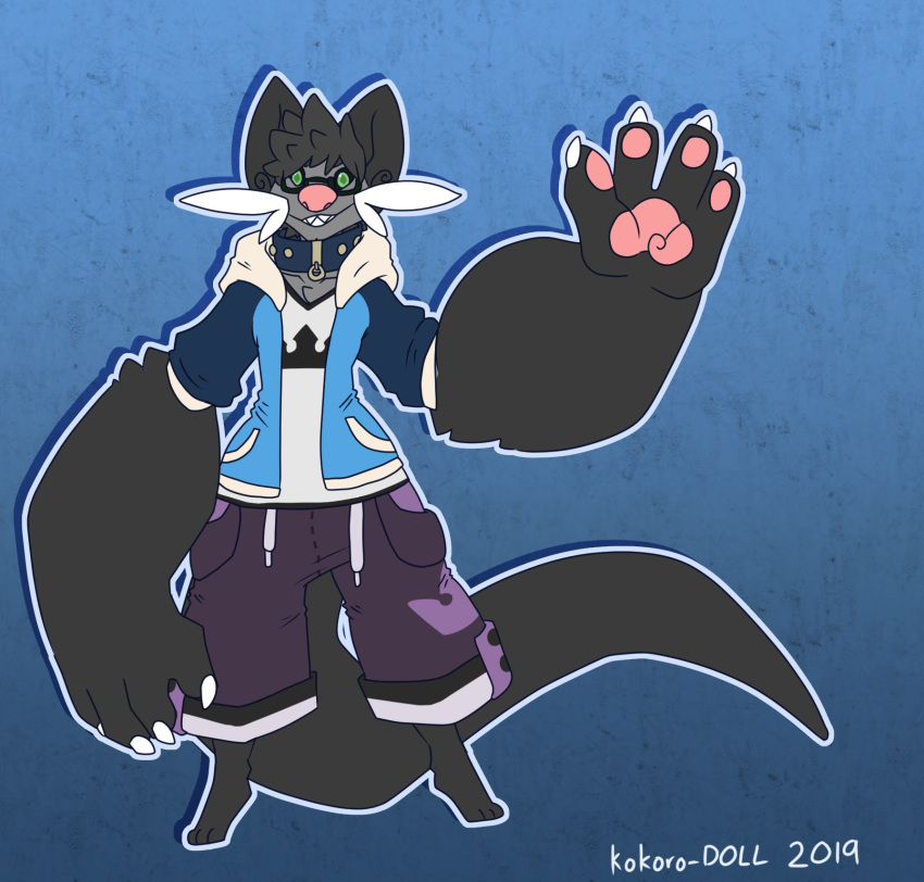 2019 3_toes 4_fingers anthro big_forearms big_hands black_body black_fur black_hair black_sclera blue_background bottomwear claws clothed clothing collar dewott eyewear fan_character fingers fur ganger gesture glasses gradient_background green_eyes grey_body grey_fur hair hi_res hoodie hyper hyper_arms hyper_limbs kokoro-doll male nintendo outline pawpads pink_nose pink_pawpads pok&eacute;mon pok&eacute;mon_(species) purple_bottomwear purple_clothing purple_shorts raised_arm short_hair shorts simple_background smile standing textured_background toes topwear v-neck video_games waving white_claws