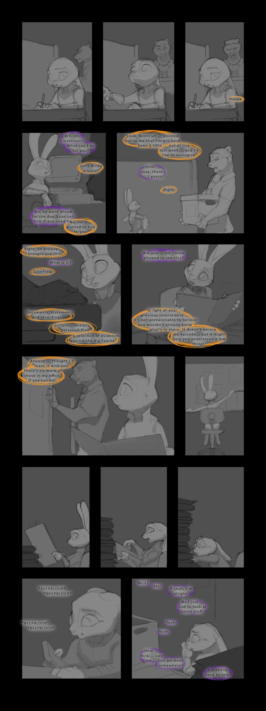 absurd_res anthony_panterras anthro bodily_fluids clothing comic crying dialogue disney distress duo english_text felid female hi_res ipoke judy_hopps lagomorph leopard leporid long_ears male mammal nick_wilde pantherine phone rabbit snow_leopard sorrow standing tears text uniform zootopia
