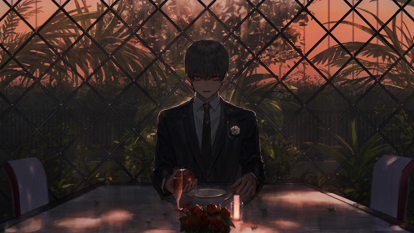 1boy apple black_jacket brown_hair candle chain-link_fence chair champagne_flute collared_shirt cup drinking_glass fence flower food fruit hair_between_eyes highres hirota_tsuu holding holding_food holding_fruit jacket long_sleeves looking_at_viewer male_focus necktie orange_sky original palm_tree plate pov purple_eyes red_flower red_neckwear red_rose rose shirt sitting sky solo tree white_shirt wing_collar