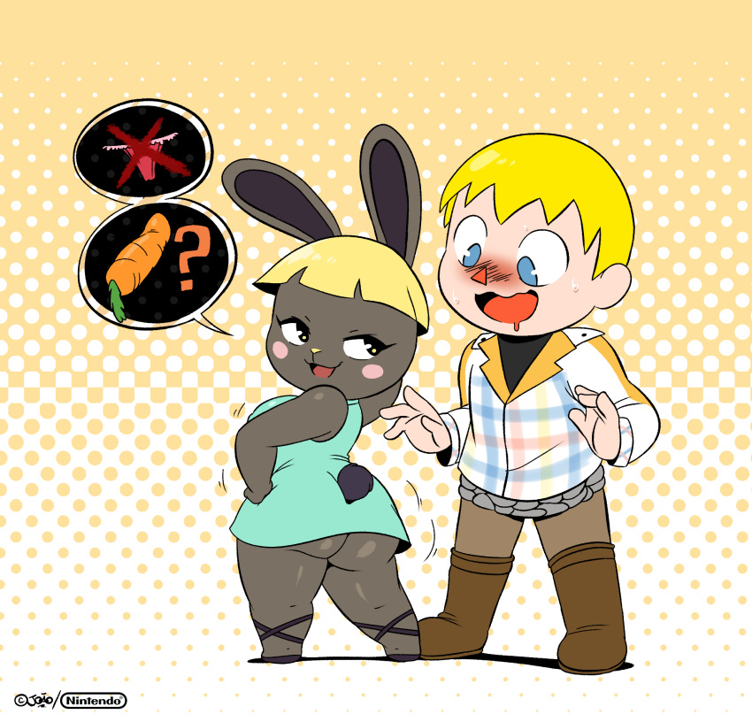 2020 4_fingers animal_crossing anthro blonde_hair blue_eyes blush blush_stickers bodily_fluids bonbon_(animal_crossing) butt clothed clothing digital_media_(artwork) duo female fingers hair hi_res human joaoppereiraus lagomorph leporid looking_back male mammal nintendo open_mouth open_smile pictographics rabbit short_hair short_stack signature smile sweat sweatdrop video_games villager_(animal_crossing)