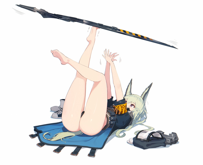 1girl animal_ears arknights ass balancing barefoot black_panties blonde_hair boots_removed ce-_-3 coat grani_(arknights) horse_ears horse_tail long_hair lying on_back overcoat panties purple_eyes solo sword tail trembling underwear weapon