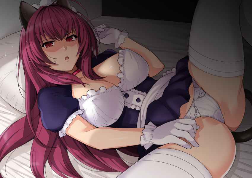 1girl :o alternate_costume animal_ears apron bed blush breasts cat_ears cat_tail enmaided fate/grand_order fate_(series) frills gloves haruhisky indoors large_breasts long_hair looking_at_viewer lying maid maid_headdress panties pantyshot pantyshot_(lying) pillow puffy_short_sleeves puffy_sleeves purple_hair red_eyes scathach_(fate)_(all) scathach_(fate/grand_order) short_sleeves skirt solo sweatdrop tail underwear waist_apron