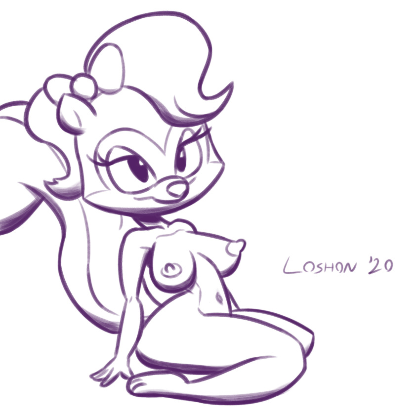 1:1 2020 aged_up anthro big_breasts biped breasts digital_media_(artwork) female fifi_la_fume fingers hair hi_res looking_at_viewer loshon mammal mephitid monochrome navel nipples nude ponytail simple_background sitting sketch skunk smile solo thick_thighs tiny_toon_adventures warner_brothers white_background