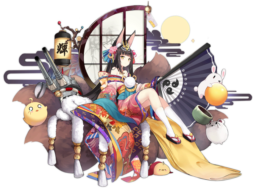 1girl animal_ears azur_lane bare_shoulders black_hair boqboq crescent crescent_hair_ornament fan folding_fan fox_ears fox_tail hair_ornament highres holding japanese_clothes kimono kneehighs long_hair looking_at_viewer machinery multiple_tails nagato_(azur_lane) nagato_(guardian_fox's_shining_furisode)_(azur_lane) off-shoulder_kimono official_art simple_background sitting solo tail tiara transparent_background turret weibo_logo weibo_username white_background white_legwear yellow_eyes