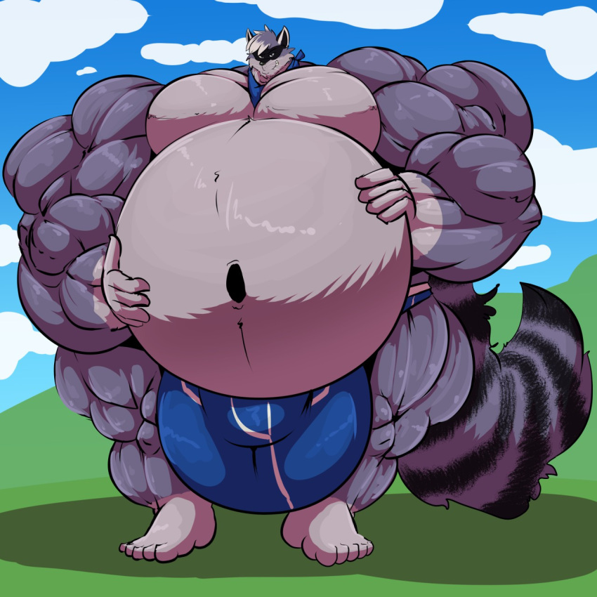 1:1 anthro balls belly big_balls big_belly big_bulge big_muscles big_penis bobert bulge cloud day genitals hi_res huge_balls huge_bulge huge_muscles huge_penis hyper hyper_balls hyper_bulge hyper_genitalia hyper_muscles hyper_penis looking_at_viewer male mammal musclegut muscular navel neckerchief penis procyonid raccoon sky smile whiskers