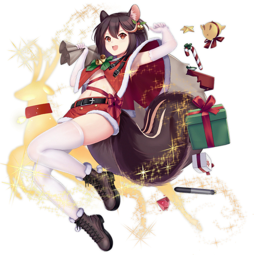 1girl allenes animal_ears armpits arms_up aurora azur_lane bag bell blush boots box breasts brown_hair candy candy_cane capelet christmas elbow_gloves fang food gift gift_box gloves hair_bell hair_ornament manjuu_(azur_lane) medium_breasts midriff navel official_art open_mouth skin_fang smile squirrel_ears squirrel_girl squirrel_tail star tail thighhighs tongue tongue_out torpedo transparent_background underboob wakaba_(azur_lane) wakaba_(holiday_special_wakaba!)_(azur_lane)