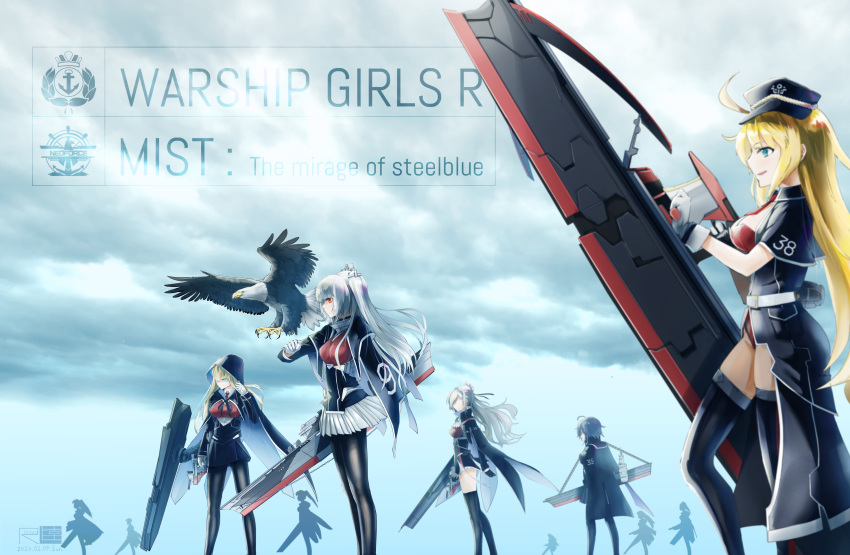 black_legwear blonde_hair breasts essex_(warship_girls_r) hancock_(warship_girls_r) highres large_breasts lexington_(cv-16)_(warship_girls_r) long_hair ocean reprisal_(steelblue_mirage) richard_rii shangri-la_(steelblue_mirage) silver_hair steelblue_mirage twintails warship_girls_r