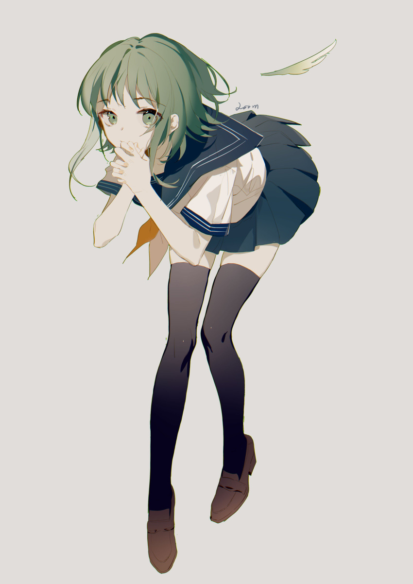 1girl absurdres alternate_costume bangs black_legwear blue_sailor_collar blue_skirt blunt_bangs brown_footwear commentary_request covering covering_mouth dot_nose eyebrows_visible_through_hair eyes_visible_through_hair fingernails floating full_body green_eyes green_hair grey_background gumi hands_clasped highres interlocked_fingers leaning leaning_forward light_smile loafers neckerchief orange_neckwear own_hands_together pleated_skirt sailor_collar school_uniform shirt shoes short_hair short_hair_with_long_locks short_sleeves sidelocks simple_background skirt solo thighhighs uniform vocaloid white_shirt zettai_ryouiki zhibuji_loom