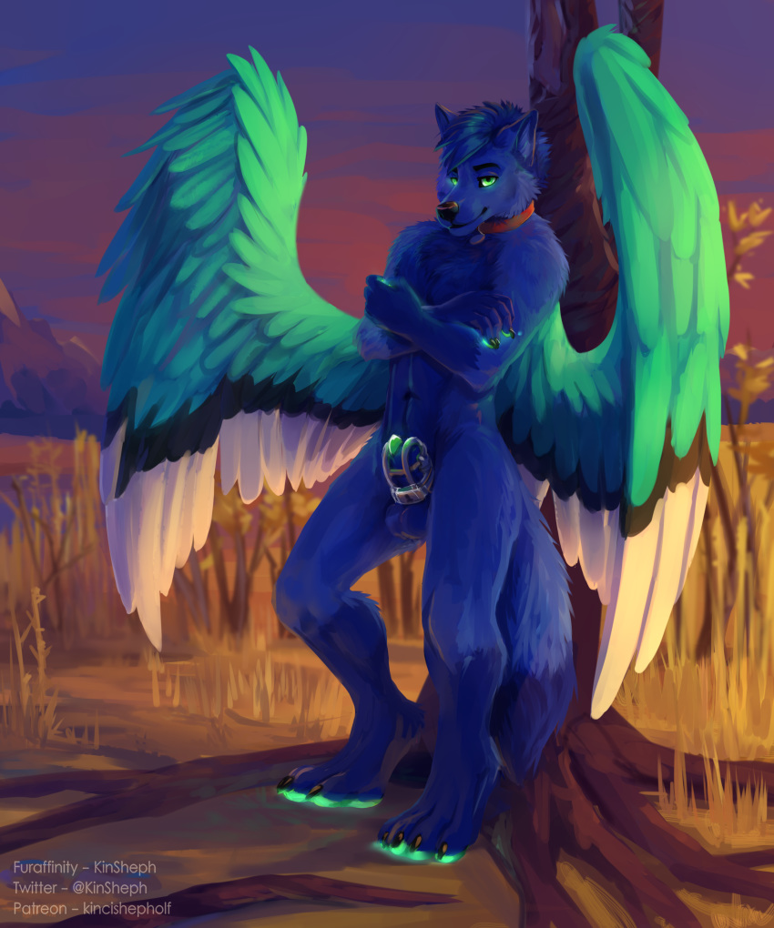 2020 absurd_res animal_genitalia anthro black_nose blue_body blue_fur canid canine chastity_cage chastity_device collar detailed_background digital_media_(artwork) feathers finger_claws fox front_view fur genitals green_eyes hair hi_res jikofox kinsheph looking_at_viewer male mammal neon nude penis penis_tip sheath solo standing submissive tree wings