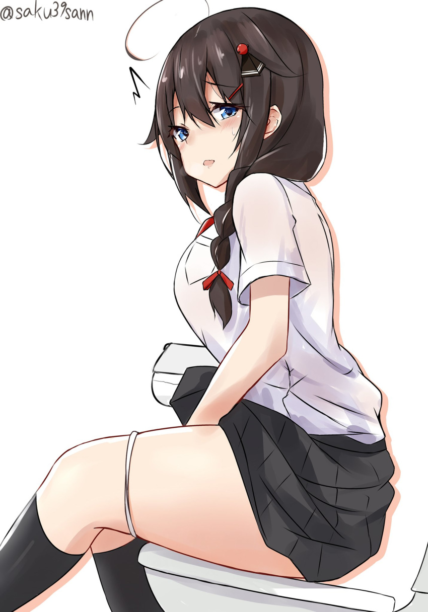 1girl ahoge alternate_costume blue_eyes blush braid brown_hair commentary_request dress_shirt hair_ornament hairclip highres kantai_collection long_hair looking_at_viewer open_mouth panties panty_pull saku_(kudrove) shigure_(kantai_collection) shirt single_braid sitting skirt solo toilet toilet_paper twitter_username underwear white_panties