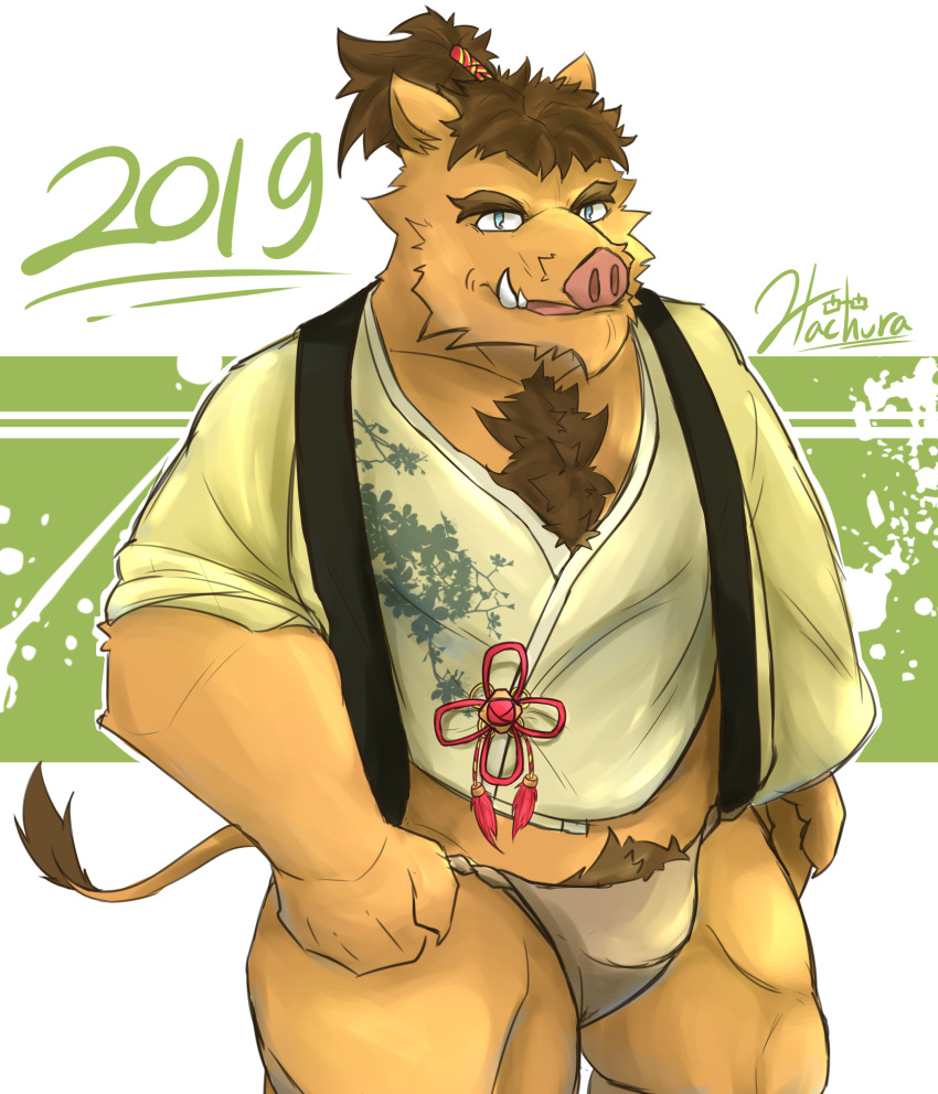 2019 absurd_res anthro asian_clothing belly brown_body brown_fur bulge clothing east_asian_clothing fundoshi fur hachura hi_res humanoid_hands japanese_clothing male mammal overweight overweight_male pubes robe solo suid suina sus_(pig) underwear wild_boar