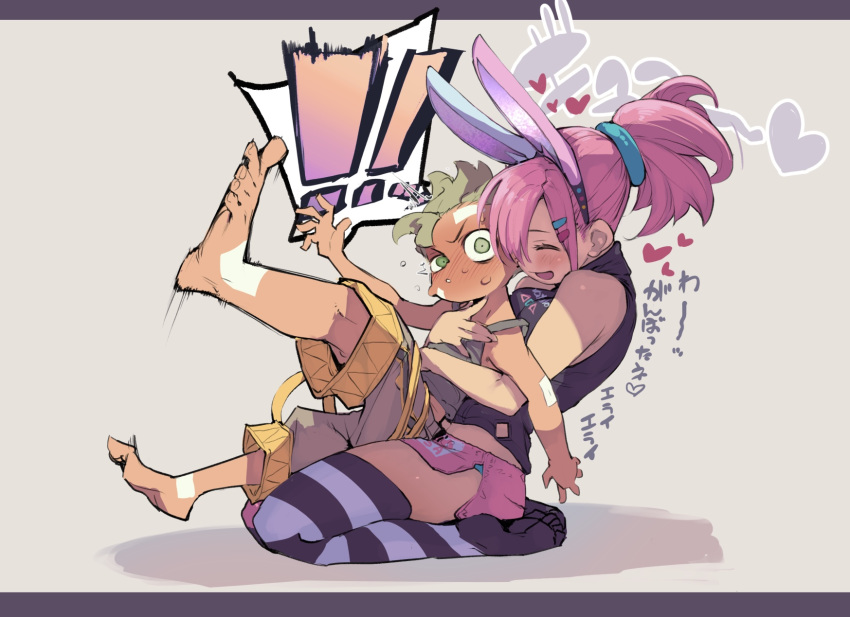 1boy 1girl age_difference animal_ears bunny_ears highres hyocorou original pink_hair ponytail shota thighhighs