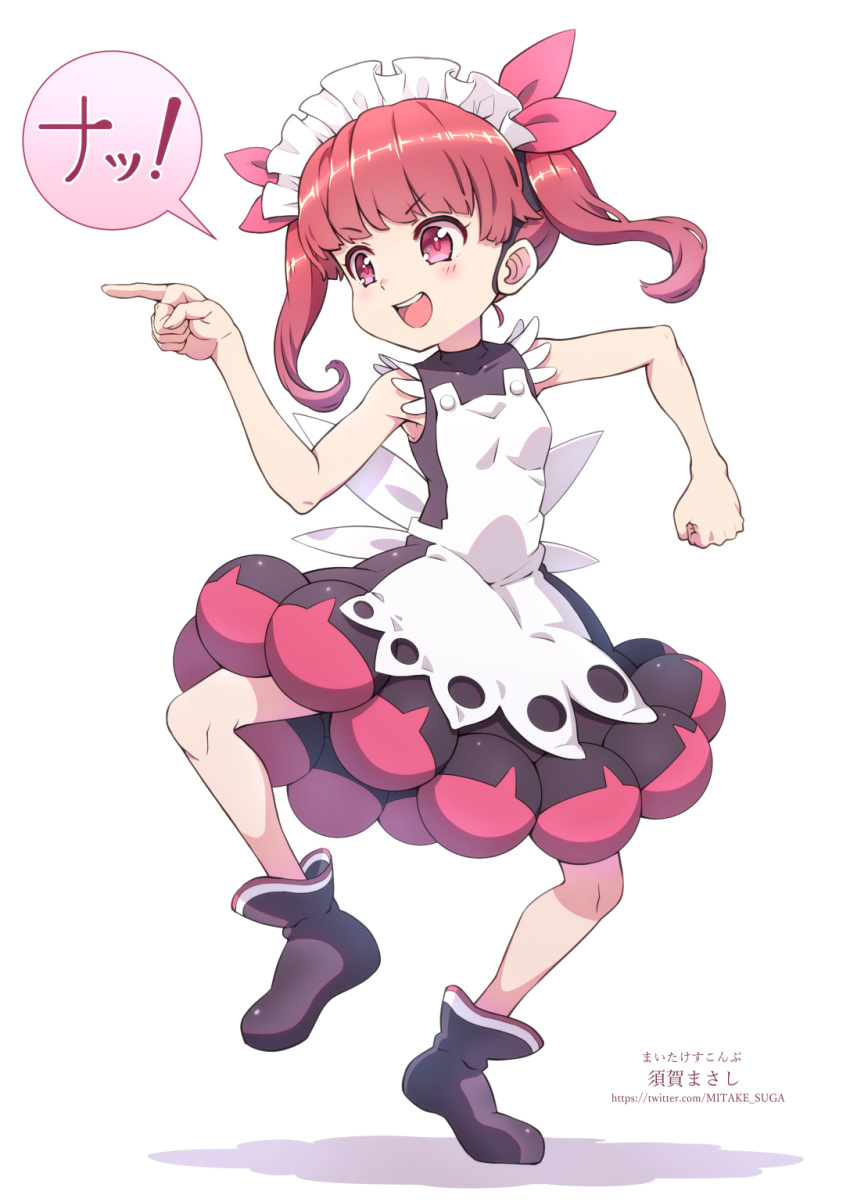 1girl black_footwear blush boots clenched_hand commentary_request dress full_body highres kemurikusa pink_eyes pointing red_hair rina_(kemurikusa) shadow sleeveless sleeveless_dress solo speech_bubble standing standing_on_one_leg suka_masashi translation_request twintails v-shaped_eyebrows watermark web_address white_background