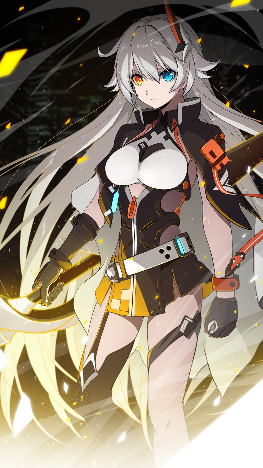 1girl aura belt blue_eyes building cityscape commentary_request cropped_jacket crying crying_with_eyes_open denken gloves hair_between_eyes hair_ornament heterochromia high_collar highres honkai_(series) honkai_impact_3rd jacket_on_shoulders kiana_kaslana kiana_kaslana_(void_drifter) long_hair looking_at_viewer mismatched_gloves mismatched_legwear night outdoors partial_bodysuit sidelocks silver_hair skyscraper solo tears thigh_strap very_long_hair wind yellow_eyes zipper