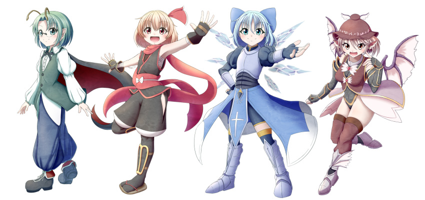 4girls :d alternate_costume antennae arm_guards armor arms_at_sides bangs bespectacled bike_shorts bird_wings black_cape black_footwear black_gloves black_legwear blonde_hair blue_eyes blue_hair blue_pants bow brown_headwear brown_legwear brown_vest cape cirno commentary_request cross cross-laced_footwear eyebrows_visible_through_hair fang feathered_wings fingerless_gloves folded_leg from_side full_body glasses gloves greaves green_hair hair_bow hair_ribbon hand_on_hip highres hip_vent juliet_sleeves knight leotard long_sleeves looking_at_viewer multiple_girls mystia_lorelei ninja obi open_mouth outstretched_arms outstretched_hand over-kneehighs pants parted_bangs pink_eyes pink_hair pointy_ears puffy_pants puffy_sleeves red_eyes ribbon rimless_eyewear rumia sandals sarashi sash shirt short_hair smile spread_arms standing standing_on_one_leg team_9 thighhighs touhou vest waistcoat walking wan_tama white_shirt wings wriggle_nightbug