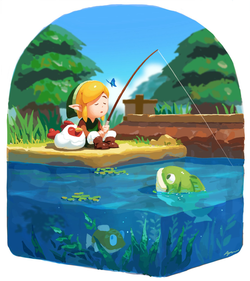 1boy ayumi_(830890) blonde_hair brown_footwear bug butterfly cucco fish fishing grass green_headwear green_tunic highres insect link looking_at_another pants pond seaweed sleeping the_legend_of_zelda the_legend_of_zelda:_link's_awakening tree white_pants