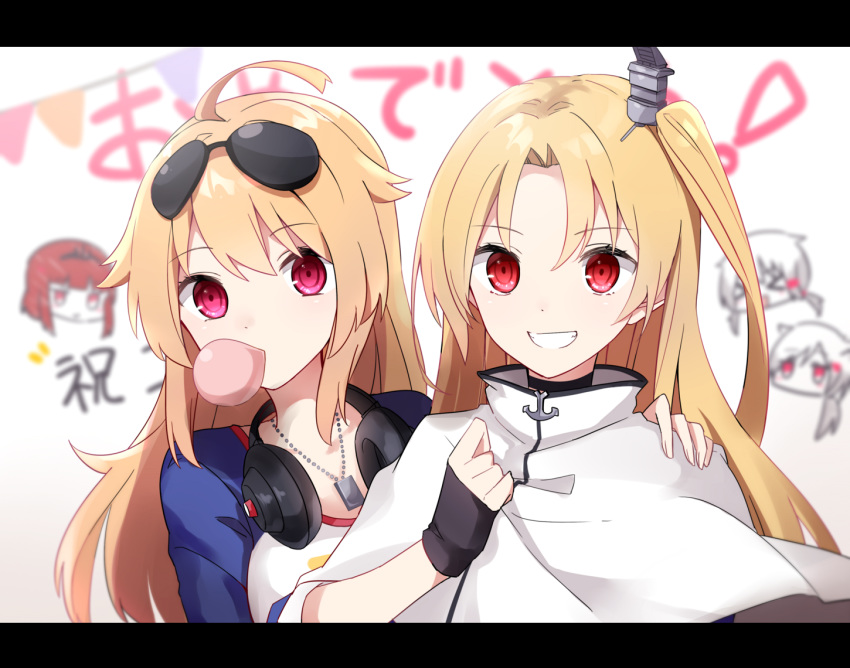 &gt;_&lt; 2girls :d aa_(sin2324) ahoge anchor anchor_hair_ornament azur_lane bangs birmingham_(azur_lane) black_choker black_gloves blonde_hair blue_hairband blue_jacket blurry blurry_background breasts bubble_blowing cameo capelet chewing_gum choker cleveland_(azur_lane) columbia_(azur_lane) commentary_request denver_(azur_lane) dog_tags eyebrows_visible_through_hair eyewear_on_head fingerless_gloves gloves grin hair_ears hair_flaps hair_ornament hairband hairclip hand_on_another's_shoulder hand_up headphones headphones_around_neck jacket jitome large_breasts long_hair looking_at_viewer low_twintails montpelier_(azur_lane) multiple_girls one_side_up open_mouth parted_bangs raglan_sleeves red_eyes sidelocks small_breasts smile star star_print sunglasses translation_request twintails upper_body white_background white_capelet white_hair xd