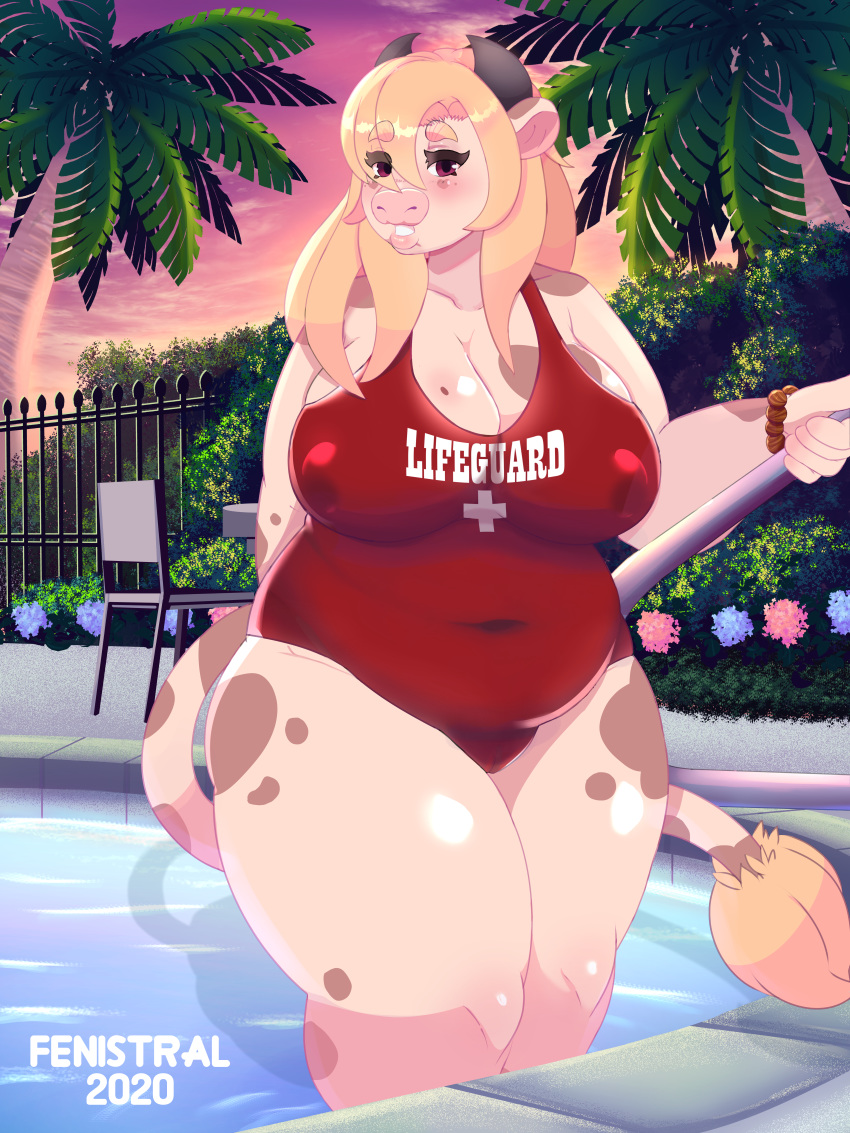 &lt;3 2020 3:4 absurd_res anthro big_breasts blush bovid bovine breasts butt cattle clothed clothing digital_media_(artwork) female fur hair hi_res looking_at_viewer mammal nipples nsfwfenistral one-piece_swimsuit palm_trees pool_(disambiguation) solo swimming_pool swimwear thick_thighs