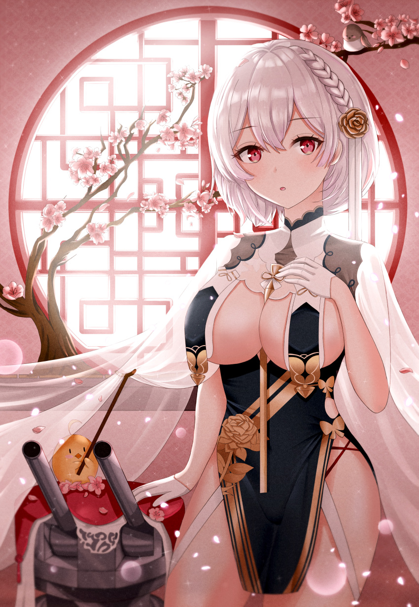1girl absurdres azur_lane backlighting bangs bird blush braid breast_curtains breasts cherry_blossoms china_dress chinese_clothes cleavage dress flower garter_straps gloves grey_dress hair_between_eyes hair_flower hair_ornament half_gloves hand_on_own_chest highres huge_filesize kuma_9180 large_breasts looking_at_viewer manjuu_(azur_lane) neckwear_between_breasts open_mouth petals red_eyes revealing_clothes sheer_clothes short_hair side_braid sideboob sirius_(azur_lane) sirius_(azure_horizons)_(azur_lane) thighhighs thighs tree_branch turret white_gloves white_hair white_legwear window