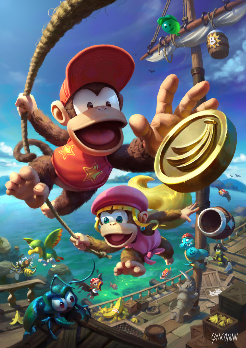 absurdres artist_name balloon banana barrel baseball_cap blonde_hair brown_eyes bug climbing coin day diddy_kong dixie_kong donkey_kong_(series) donkey_kong_country_2 dual_wielding fish fisheye food foreshortening fruit fur furry green_eyes hat highres holding holding_sword holding_weapon insect kremling long_hair looking_at_another mast monkey no_humans ocean open_mouth outdoors outstretched_arm piranha pirate_hat ponytail rambi reaching renato_giacomini rhinoceros rope sail ship shirt swinging sword vest walking water watercraft weapon