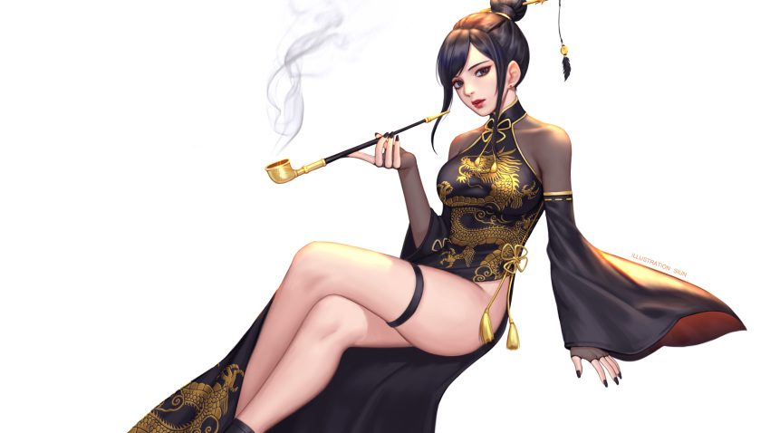 1girl black_dress black_eyes black_hair black_nails check_copyright china_dress chinese_clothes commission crossed_legs detached_sleeves dragon_print dress earrings flower_knot gold_trim hair_bun hair_ornament hairpin highres holding invisible_chair jewelry kiseru long_hair long_sleeves looking_at_viewer nail_polish original pipe side_slit sidelocks simple_background sitting siun smoke solo stud_earrings tassel thigh_strap thighs tied_hair white_background wide_sleeves
