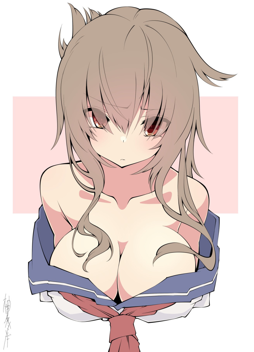 1girl alternate_breast_size bangs bare_shoulders blush breasts brown_eyes brown_hair cleavage closed_mouth collarbone cropped_torso eyebrows_visible_through_hair eyes_visible_through_hair folded_ponytail highres inazuma_(kantai_collection) kantai_collection large_breasts neckerchief off_shoulder ponytail red_neckwear sailor_collar sakakiba_misogi school_uniform serafuku sidelocks signature simple_background solo upper_body wavy_mouth white_background